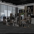 Room Divider Cabinet With Multiple Shelves Books Decorative Items And Green Plants In Modern Office
