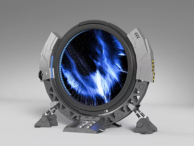 Futuristic Circular Art Installation With Blue Dynamic Light And Metallic Frame Supporting Stand 3d model