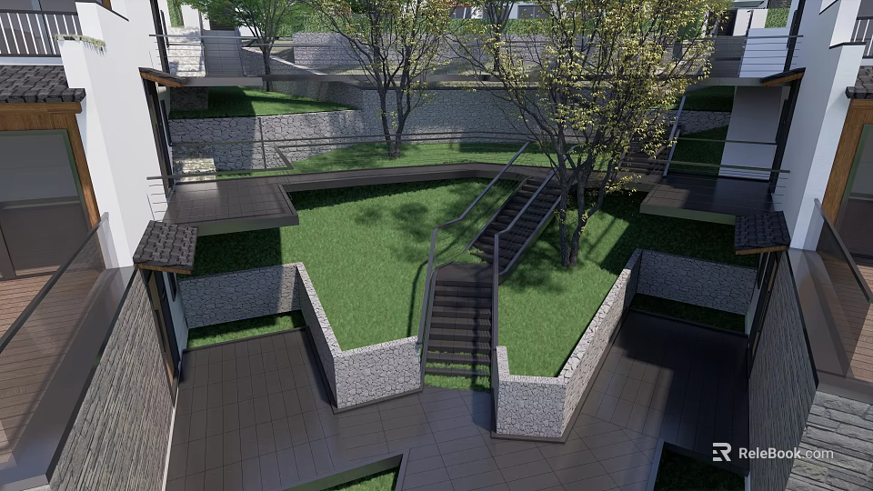 Semi Detached Villa Courtyard With Green Lawn Wooden Stairs Trees And Stone Walls 3d model 