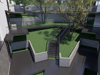 Semi Detached Villa Courtyard With Green Lawn Wooden Stairs Trees And Stone Walls 3d model