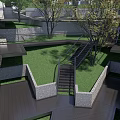 Semi Detached Villa Courtyard With Green Lawn Wooden Stairs Trees And Stone Walls