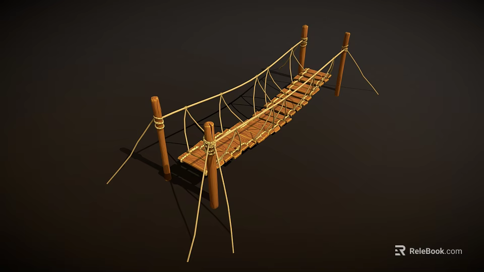 Rustic Suspension Bridge Structure With Wooden Posts Ropes And Plank Deck 3d model 