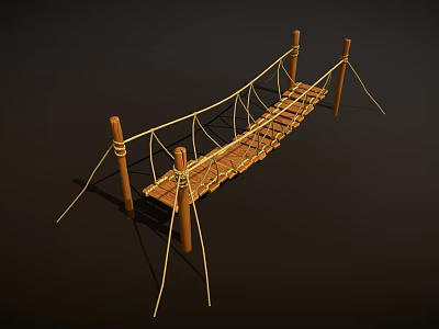 Rustic Suspension Bridge Structure With Wooden Posts Ropes And Plank Deck 3d model
