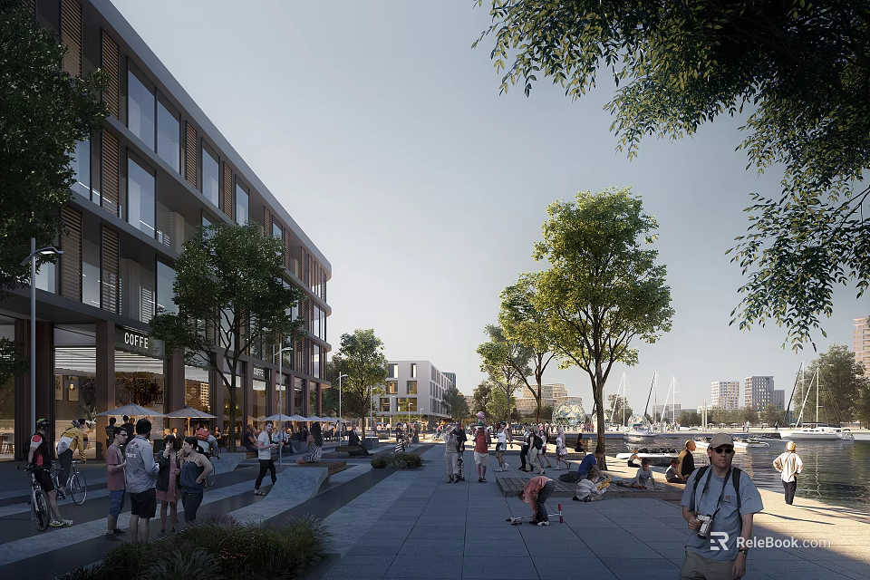 Modern Commercial Street With Vibrant Pedestrians Trees Marina And Outdoor Spaces 3d model 