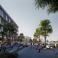 Modern Commercial Street With Vibrant Pedestrians Trees Marina And Outdoor Spaces