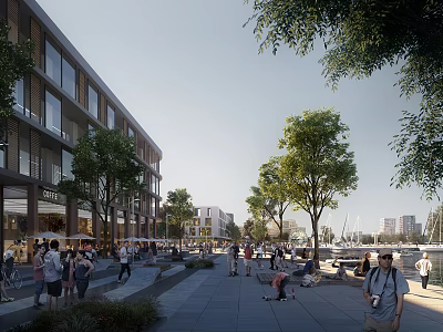 Modern Commercial Street With Vibrant Pedestrians Trees Marina And Outdoor Spaces 3d model
