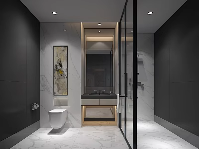 Sleek Modern Bathroom With Marble Finishes Wall Hung Toilet And Clear Glass Shower Enclosure 3d model