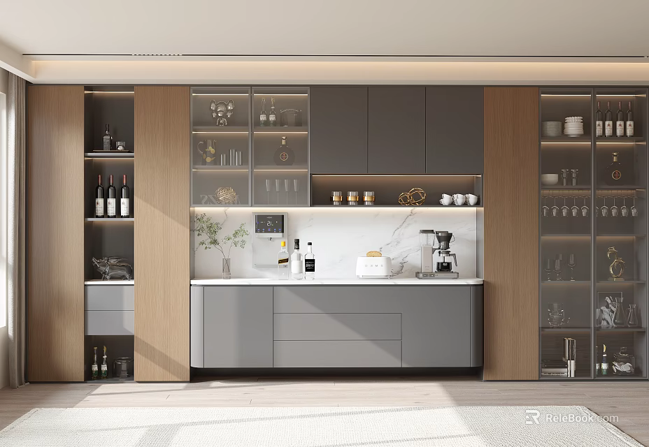 Modern Wine Cabinet With Glass Door Displaying Wine Bottles And Wooden Frame 3d model 