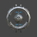 Futuristic Mechanical Device with Circular Metal Frame Central Sphere and Blue Accents