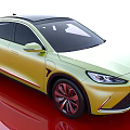 Sleek Yellow Electric SUV with Black Roof and Modern Design on Reflective Red Surface