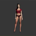 Woman in red top and dark lingerie posing with high heels on gray background