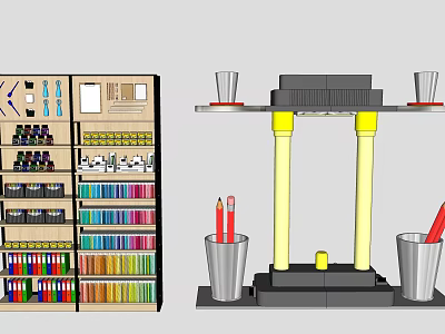 Retail Display Shelves With Colorful Items And Stand With Cups Pencils 3d model