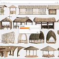 Various Traditional Thatched Roof Structures With Wooden Pavilions And Shelters