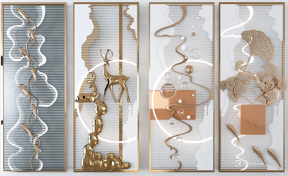 Modern Gold Wall Decor with Geometric Shapes Curved Lines and Deer Accents 3d model 
