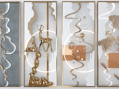 Modern Gold Wall Decor with Geometric Shapes Curved Lines and Deer Accents 3d model