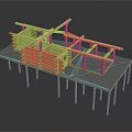 Wooden Building Frame Construction Model With Platform And Support Beams 3d model
