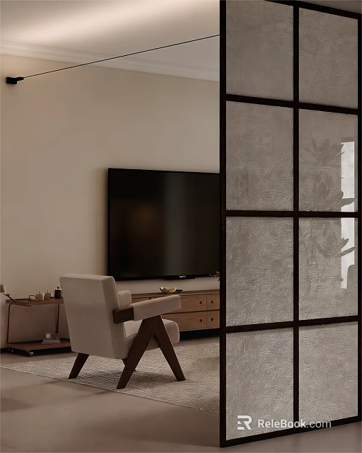 Warm Minimalist Living Room With Frosted Glass Partition Wall Mounted TV And Solid Wood Armchair 3d model 