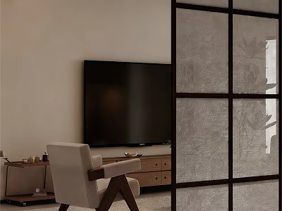 Warm Minimalist Living Room With Frosted Glass Partition Wall Mounted TV And Solid Wood Armchair 3d model