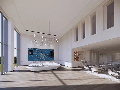 Modern Sales Office Interior With Spacious Reception Area Display Wall Pendant Lights And Natural Light 3d model