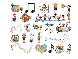 Modern 2D Cartoon Kids Music Singing Musical Instrument Band Publicity Illustration Silhouette 3d model