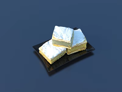 Three Square Flaky Pastry Pieces Topped with White Frosting on Black Plate 3d model