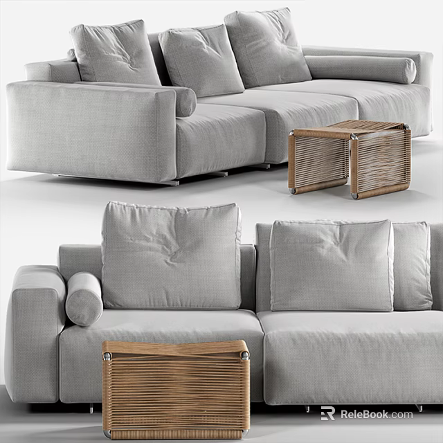 Gray Modern Two Seater Sofa With Soft Cushions And Rattan Side Table 3d model 