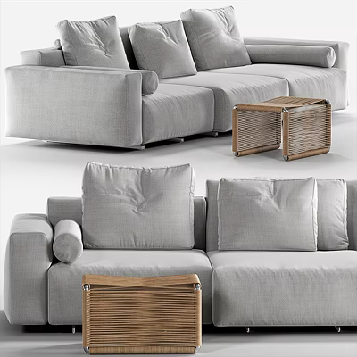Gray Modern Two Seater Sofa With Soft Cushions And Rattan Side Table 3d model
