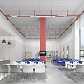 Modern Restaurant Interior Design With Blue White Chairs Red Column And Large Windows 3d model