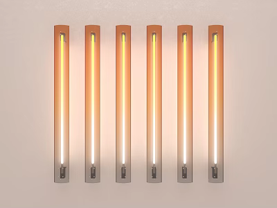 Six Long Strip Wall Lights with Warm Yellow Glow Mounted on White Wall 3d model