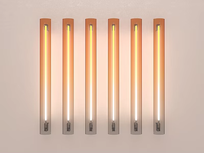 Six Long Strip Wall Lights with Warm Yellow Glow Mounted on White Wall 3d model