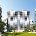 Modern High Rise Residential Building With Green Lawn And Trees Around