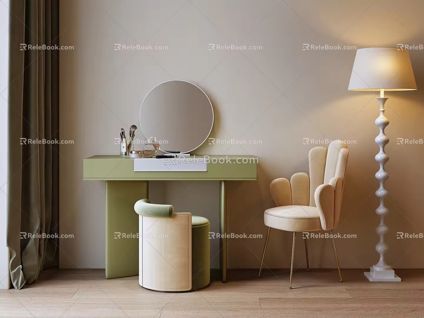 Modern Dressing Table Dressing Table Makeup Stool Combination Single Chair Floor Lamp 3d model