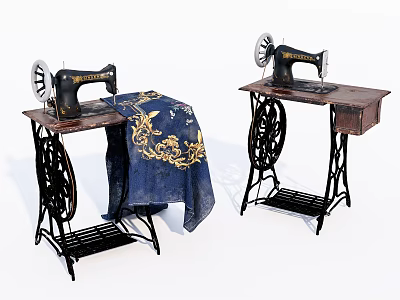 Vintage Industrial Sewing Machines With Iron Framed Tables And Embroidered Fabric 3d model