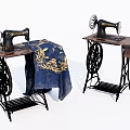 Vintage Industrial Sewing Machines With Iron Framed Tables And Embroidered Fabric