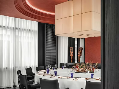 Modern Elegant Private Dining Room Featuring Round Table Chandelier Chairs And Tableware Decorations 3d model