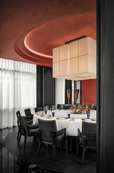 Modern Elegant Private Dining Room Featuring Round Table Chandelier Chairs And Tableware Decorations 3d model