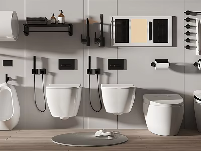 Modern Bathroom Toilets With Wall Mounted And Floor Standing Models And Sleek Accessories 3d model