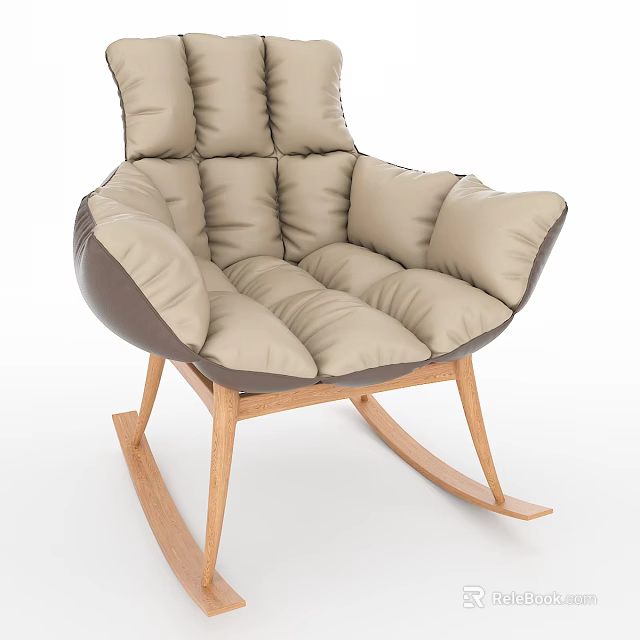 Beige Padded Single Seater Sofa With Quilted Design And Wooden Rocking Legs 3d model 