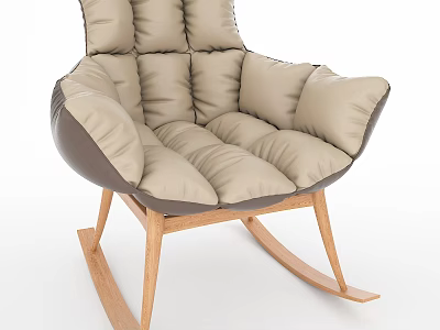 Beige Padded Single Seater Sofa With Quilted Design And Wooden Rocking Legs 3d model