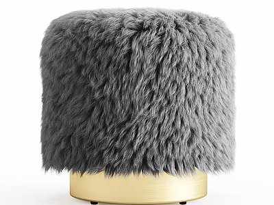 Cozy Gray Furry Stool With Soft Plush Surface And Gold Metal Base 3d model