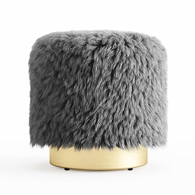 Cozy Gray Furry Stool With Soft Plush Surface And Gold Metal Base 3d model