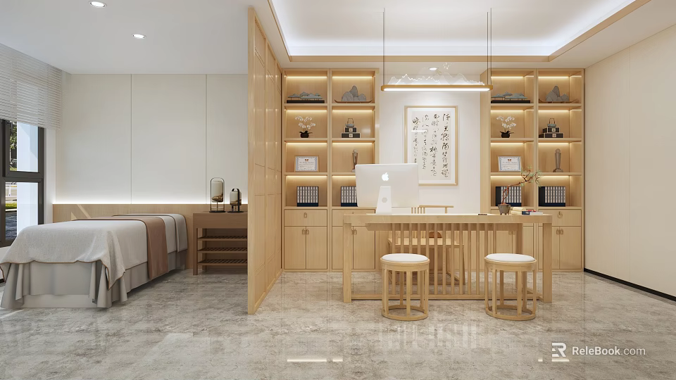 Modern Study Room Interior With Wooden Bookshelves Writing Desk Apple Computer And Calligraphy Artwork 3d model 