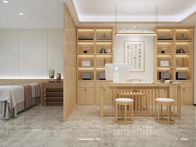 Modern Study Room Interior With Wooden Bookshelves Writing Desk Apple Computer And Calligraphy Artwork 3d model