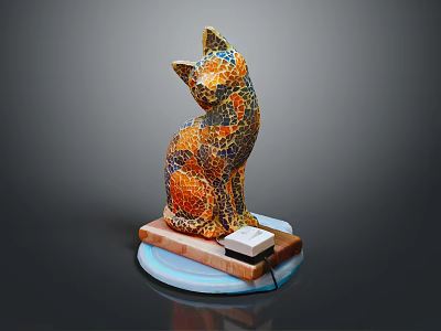 Cat Shaped Mosaic Sculpture Furniture Decor With Wooden Base And Blue Circular Stand 3d model