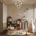 Modern Kids Room With Cloud Sun Star Decor Table Chairs Teepee Tent And Storage Cabinets