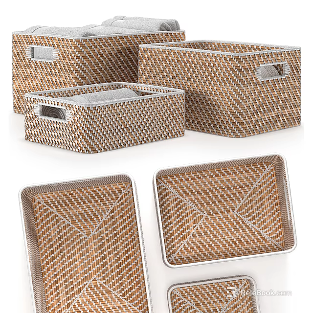 Woven Brown Storage Baskets With Handles And Grid Pattern For Home Organization 3d model 