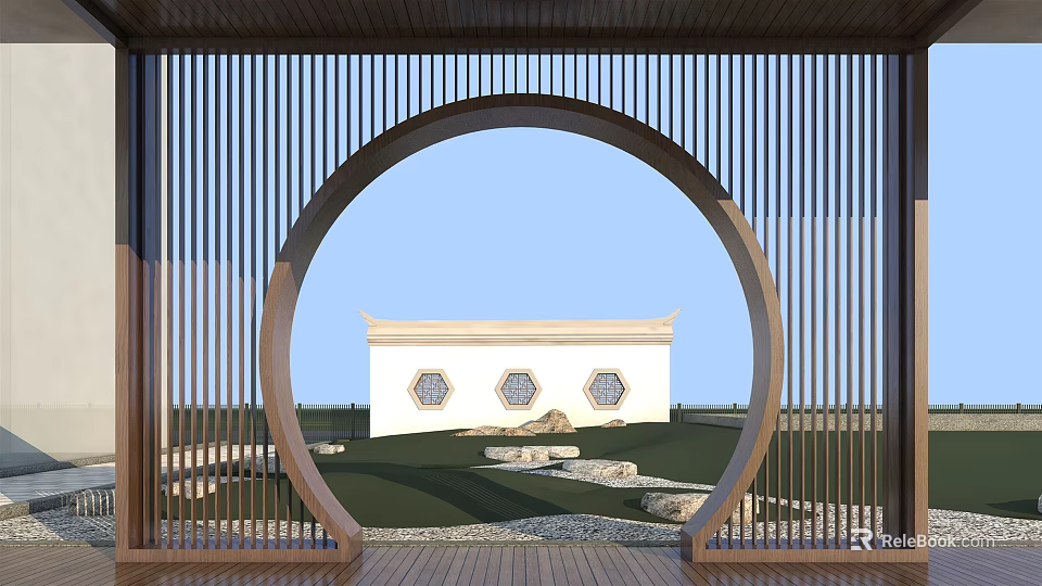 Round Wooden Archway Framing White Building With Hexagonal Windows Lawn Stone Path Garden View 3d model 