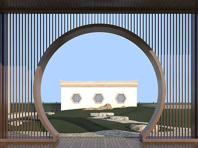 Round Wooden Archway Framing White Building With Hexagonal Windows Lawn Stone Path Garden View 3d model