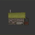 Log Cabin With Grass Roof Chimney Green Door Red Awning And Small Table Chairs