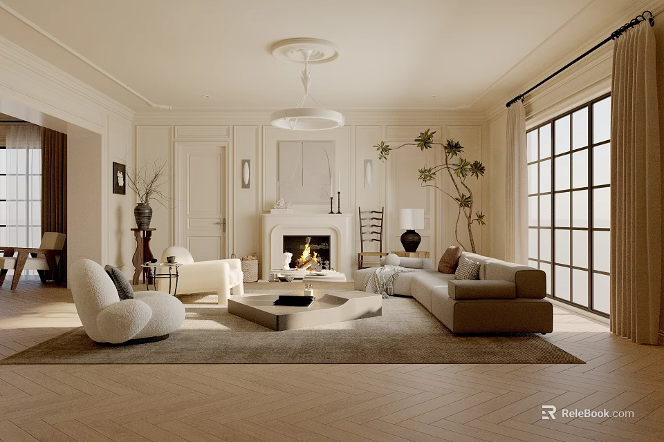 Elegant Modern Living Room Interior With Herringbone Floor Fireplace Sofa And Large Windows 3d model 